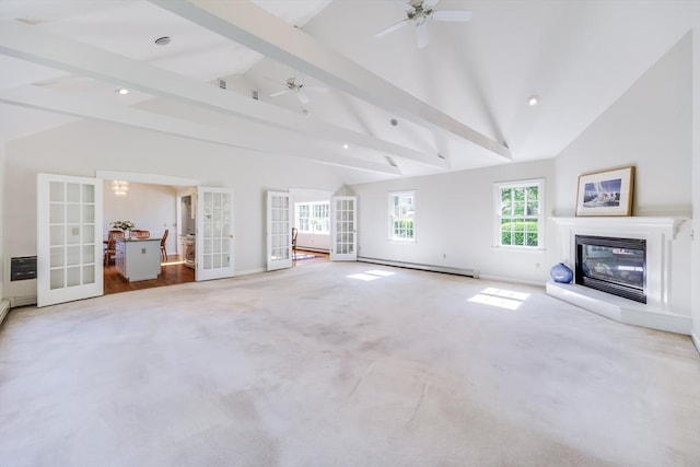 18 Curve Hill Rd, Yarmouth, MA 02664 - unfurnished living room featuring french doors, a baseboard radiator, carpet floors, a ceiling fan, and recessed lighting