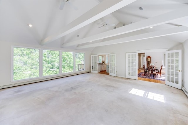 18 Curve Hill Rd, Yarmouth, MA 02664 - unfurnished living room featuring french doors, beamed ceiling, ceiling fan, baseboards, and carpet