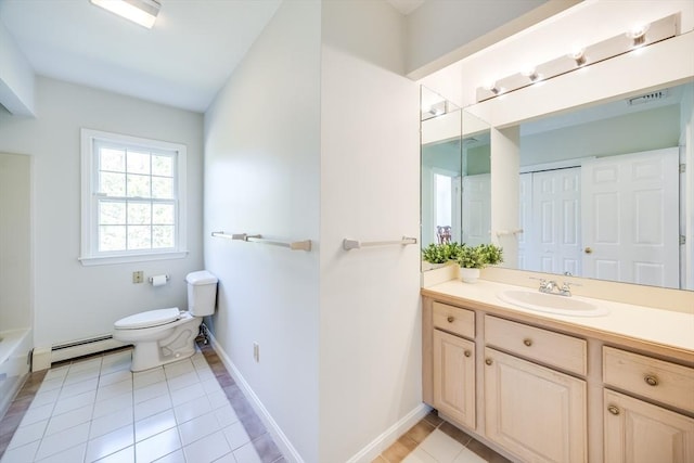 18 Curve Hill Rd, Yarmouth, MA 02664 - full bath featuring a baseboard radiator, vanity, toilet, a bath, and tile patterned flooring