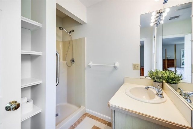 18 Curve Hill Rd, Yarmouth, MA 02664 - bathroom with a shower, vanity, tile patterned flooring, and baseboards