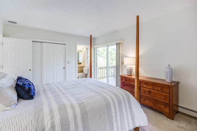 18 Curve Hill Rd, Yarmouth, MA 02664 - bedroom featuring light carpet, baseboard heating, and a closet