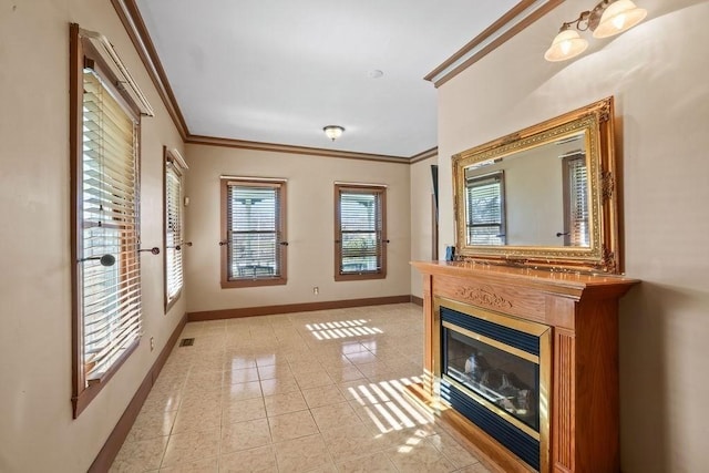 tiled living room featuring crown molding