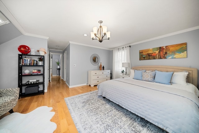 bedroom featuring wood-type flooring, an inviting chandelier, and crown molding