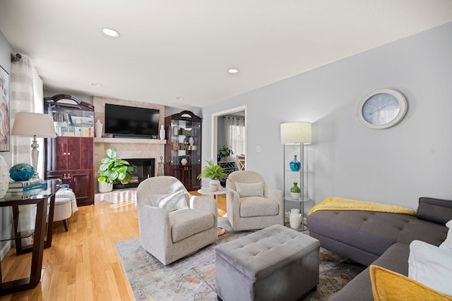 living room with light hardwood / wood-style floors and a fireplace