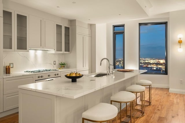 kitchen featuring sink, light hardwood / wood-style flooring, a kitchen breakfast bar, light stone countertops, and a kitchen island with sink