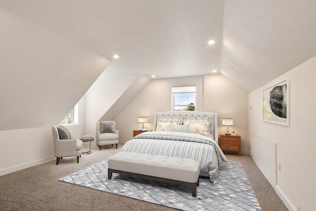 bedroom with recessed lighting, carpet flooring, lofted ceiling, and baseboards