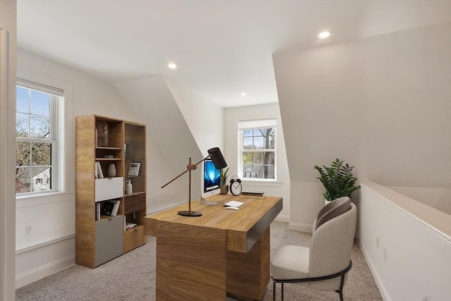 office featuring recessed lighting, baseboards, and light carpet