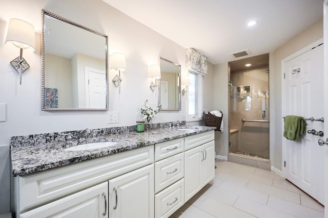 8 Fieldstone Ln, Natick, MA 01760 - full bathroom featuring a sink, a stall shower, double vanity, and visible vents