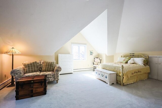 8 Fieldstone Ln, Natick, MA 01760 - bedroom with vaulted ceiling, a baseboard radiator, baseboard heating, and carpet flooring