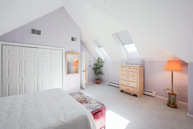 8 Fieldstone Ln, Natick, MA 01760 - bedroom with light colored carpet, a skylight, visible vents, and baseboard heating