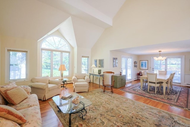 8 Fieldstone Ln, Natick, MA 01760 - living area featuring an inviting chandelier, high vaulted ceiling, and wood finished floors