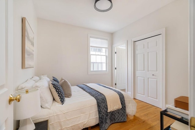 bedroom with a closet and hardwood / wood-style flooring