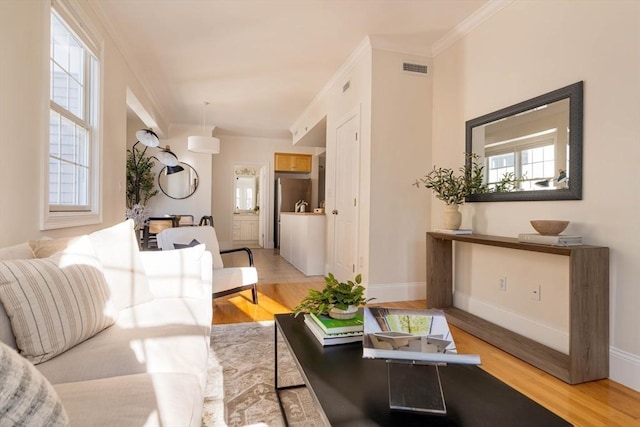 living room featuring light hardwood / wood-style floors, ornamental molding, and a healthy amount of sunlight