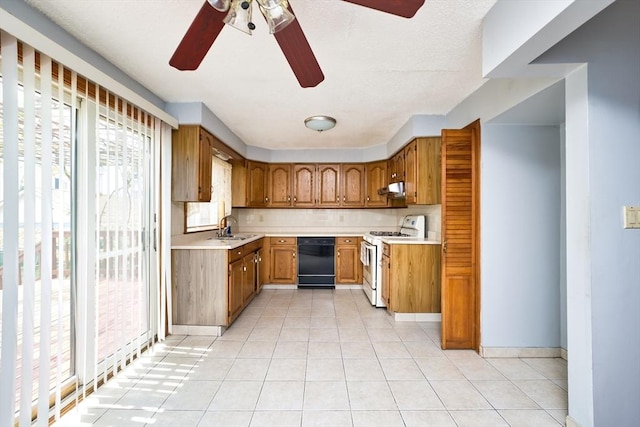 101 Cory St, Fall River, MA 02720 - kitchen featuring white gas stove, black dishwasher, plenty of natural light, and a ceiling fan