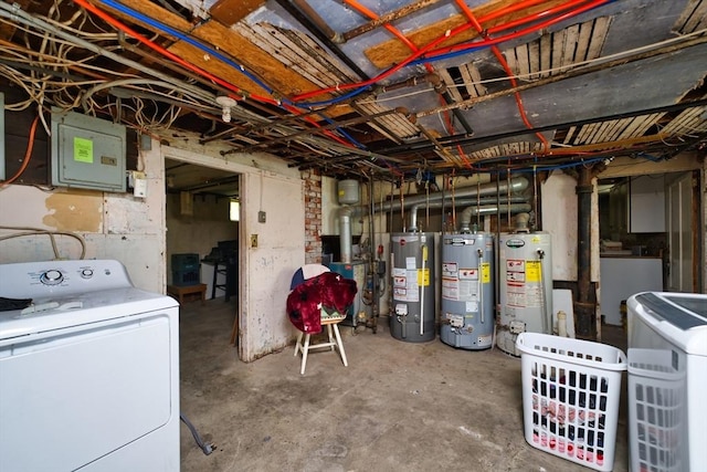 101 Cory St, Fall River, MA 02720 - unfinished below grade area with washer / clothes dryer, water heater, and electric panel