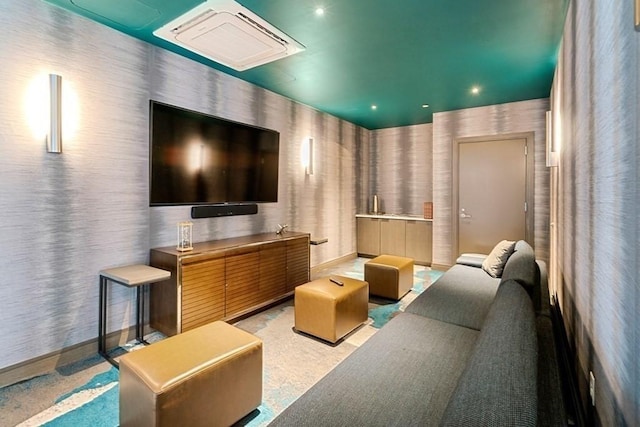 home theater with baseboards, recessed lighting, and wallpapered walls