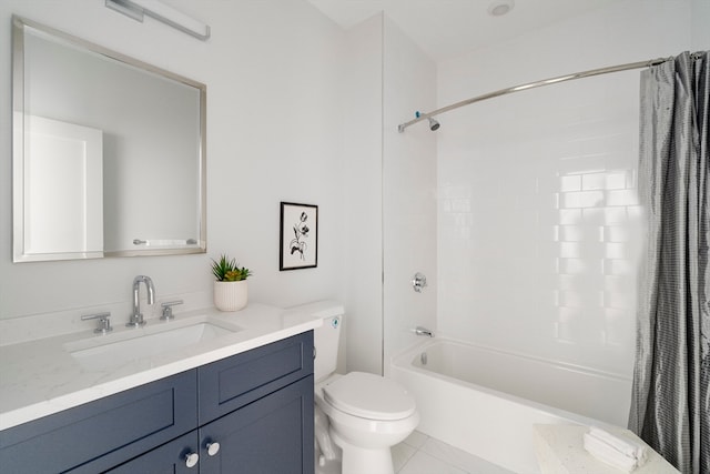 full bathroom with tile patterned floors, toilet, shower / tub combo, and vanity