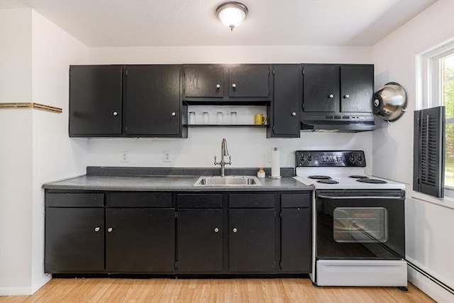 120 Litchfield Pines Dr Unit A, Leominster, MA 01453 - kitchen with range with electric stovetop, a sink, under cabinet range hood, baseboard heating, and dark cabinetry