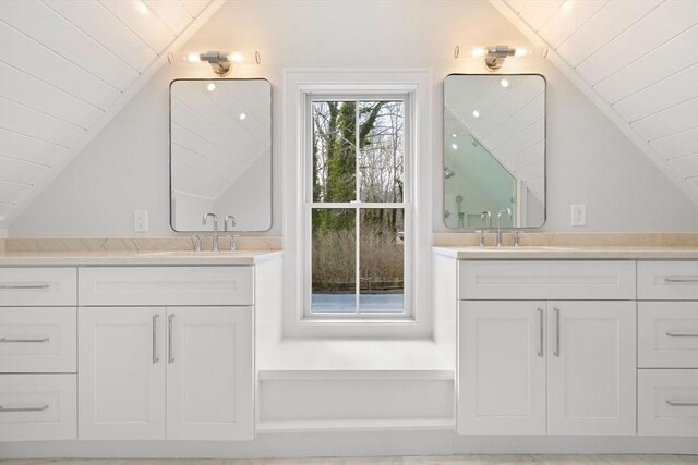 540 S Orleans, Orleans, MA 02653 - full bath with lofted ceiling, two vanities, and wooden ceiling