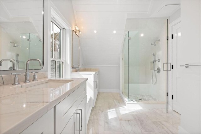 540 S Orleans, Orleans, MA 02653 - bathroom with a shower stall, two vanities, and marble finish floors