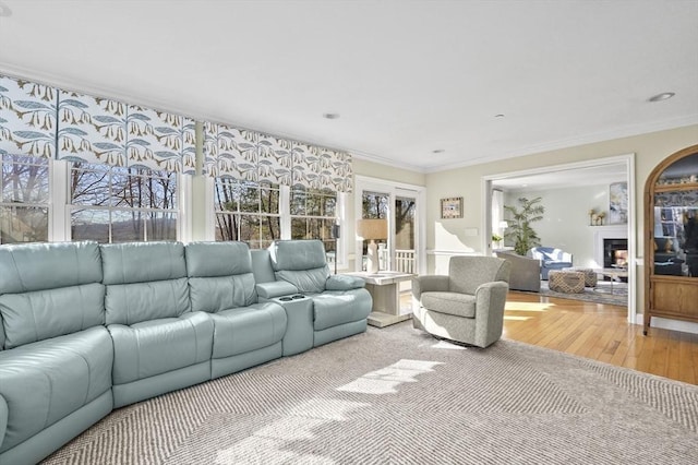 living room with a fireplace, ornamental molding, and light wood-style floors