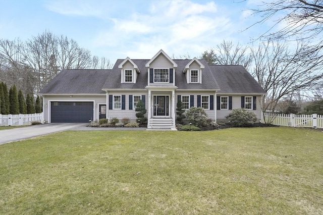 cape cod house featuring a garage, aphalt driveway, fence, and a front lawn
