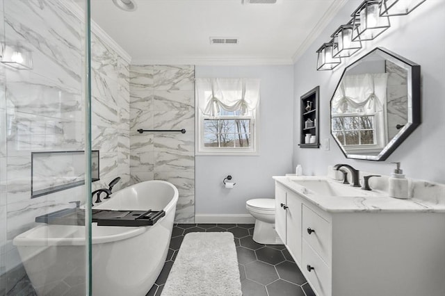 full bath with toilet, vanity, a soaking tub, visible vents, and ornamental molding