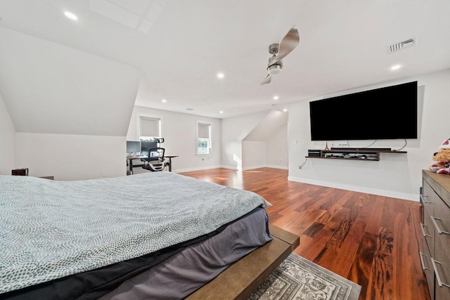 bedroom featuring visible vents, ceiling fan, baseboards, recessed lighting, and wood finished floors