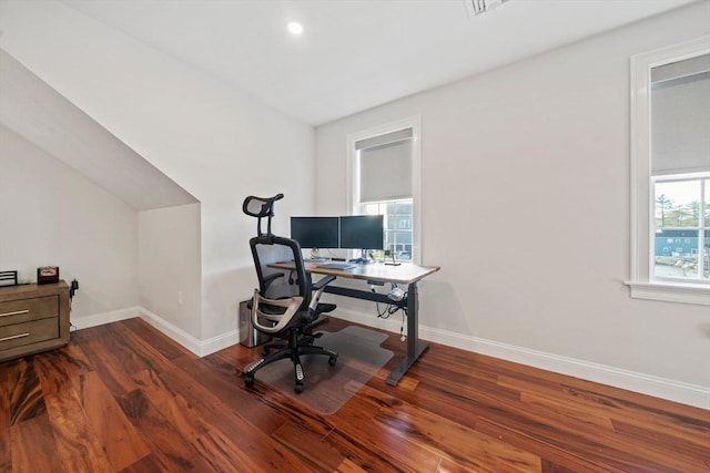 home office with wood finished floors and baseboards