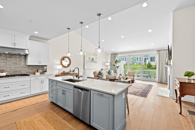 5 Diane Ter Unit 5, Scituate, MA 02066 - kitchen featuring stainless steel dishwasher, under cabinet range hood, gray cabinetry, white cabinets, and lofted ceiling
