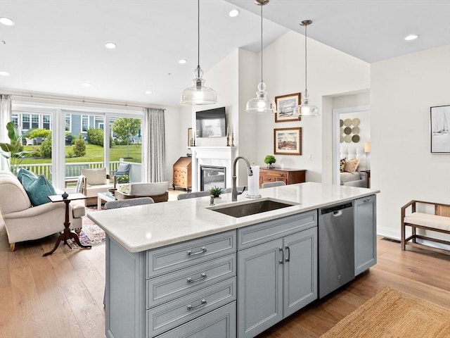 5 Diane Ter Unit 5, Scituate, MA 02066 - kitchen with dishwasher, gray cabinets, open floor plan, light wood-style floors, and recessed lighting