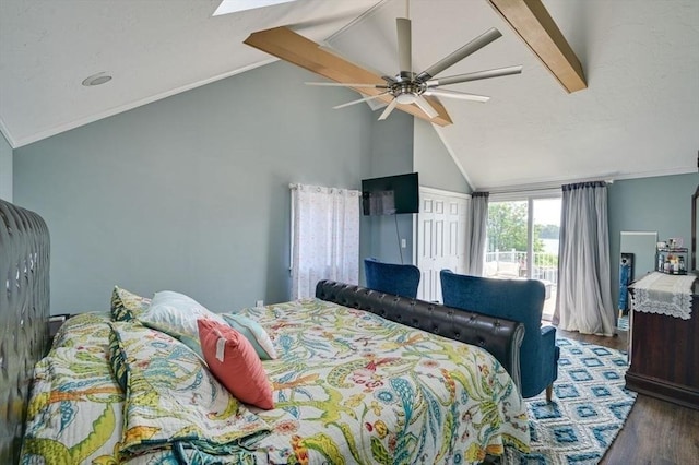 104 Kings Cove Beach Rd, Weymouth, MA 02191 - bedroom featuring wood finished floors, ceiling fan, ornamental molding, and high vaulted ceiling