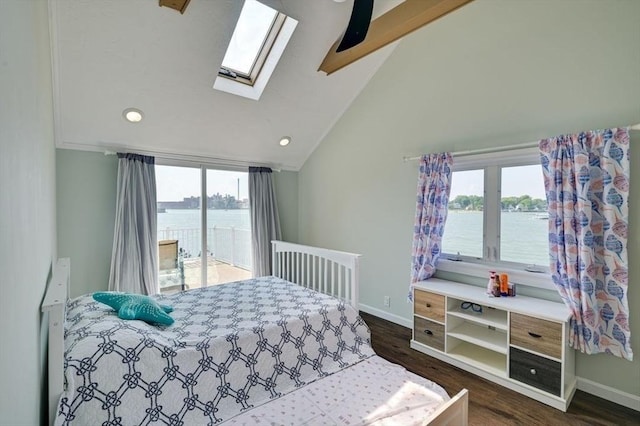 104 Kings Cove Beach Rd, Weymouth, MA 02191 - bedroom featuring a skylight, dark wood-style flooring, access to exterior, a water view, and recessed lighting