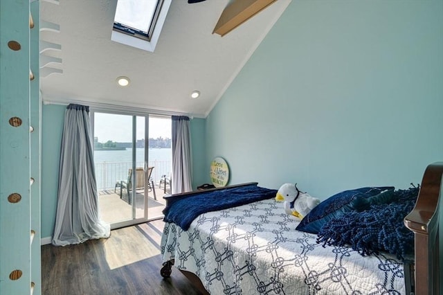 104 Kings Cove Beach Rd, Weymouth, MA 02191 - bedroom with access to exterior, wood finished floors, a skylight, a water view, and ornamental molding