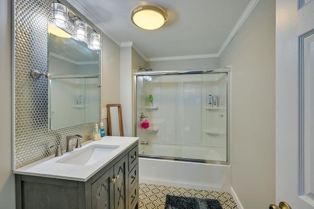 104 Kings Cove Beach Rd, Weymouth, MA 02191 - full bathroom with vanity, shower / bath combination with glass door, ornamental molding, tasteful backsplash, and tile patterned flooring