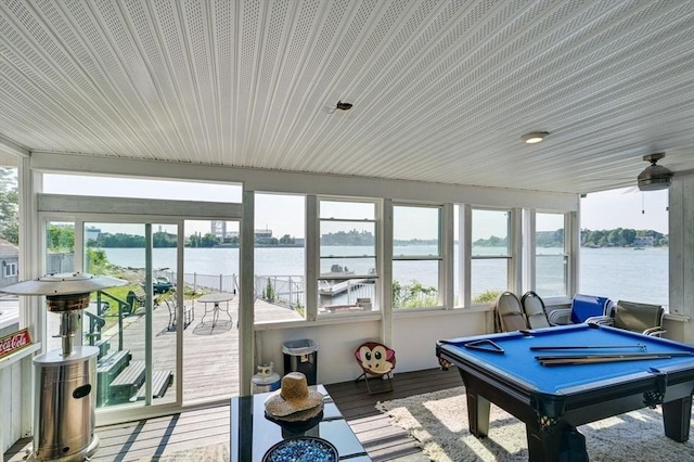 104 Kings Cove Beach Rd, Weymouth, MA 02191 - rec room with a water view, pool table, wood ceiling, ceiling fan, and wood finished floors