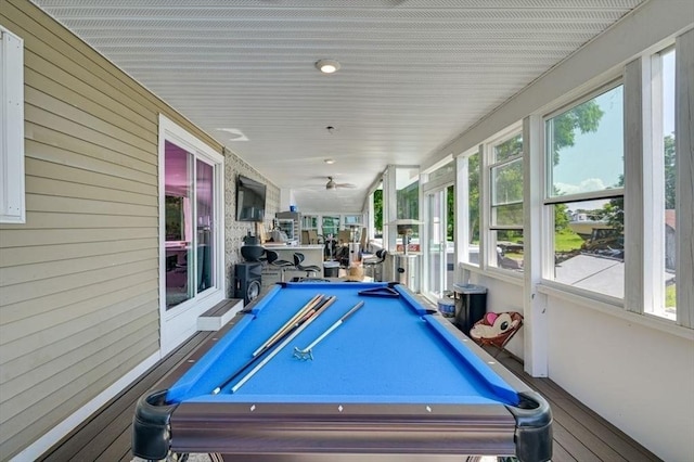 104 Kings Cove Beach Rd, Weymouth, MA 02191 - recreation room with billiards table, wood finished floors, ceiling fan, and wood walls
