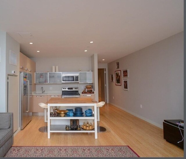 691 Massachusetts Ave Unit 102, Boston, MA 02118 - kitchen with appliances with stainless steel finishes, light wood-type flooring, light countertops, open shelves, and recessed lighting