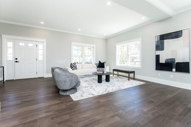 living room with recessed lighting, ornamental molding, baseboards, and dark wood-style floors