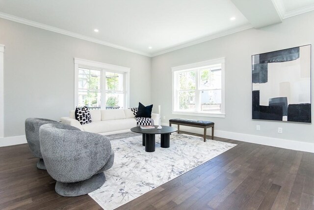 living area featuring recessed lighting, ornamental molding, and dark wood-style flooring