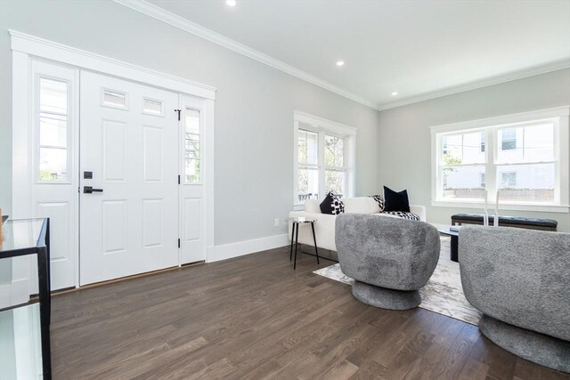 entrance foyer featuring crown molding, baseboards, recessed lighting, and dark wood-type flooring