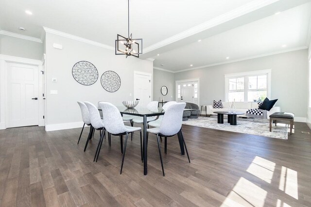 dining space with baseboards, a chandelier, and dark wood-type flooring
