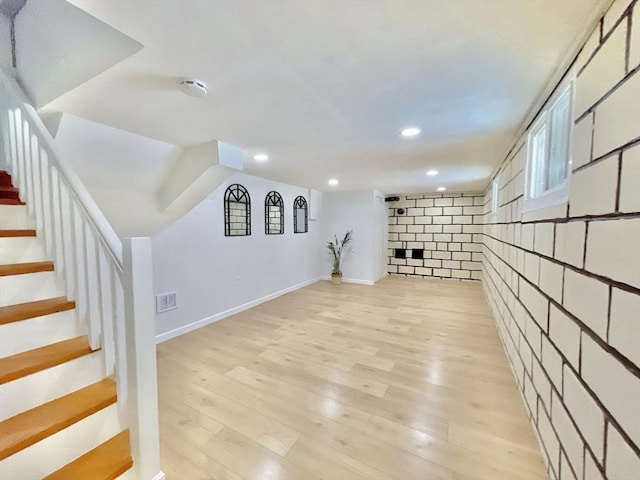 17 Brentwood Rd, Sudbury, MA 01776 - basement with light wood-type flooring, visible vents, recessed lighting, stairs, and baseboards