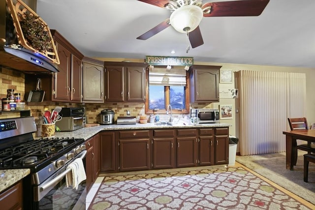 kitchen with tasteful backsplash, dark brown cabinetry, stainless steel appliances, sink, and range hood