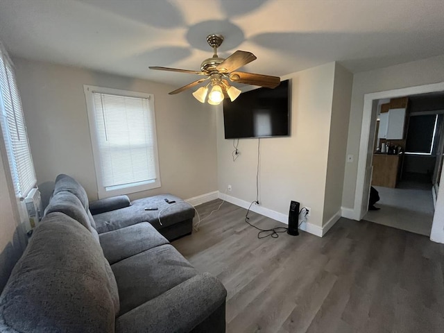 living room featuring ceiling fan and hardwood / wood-style flooring