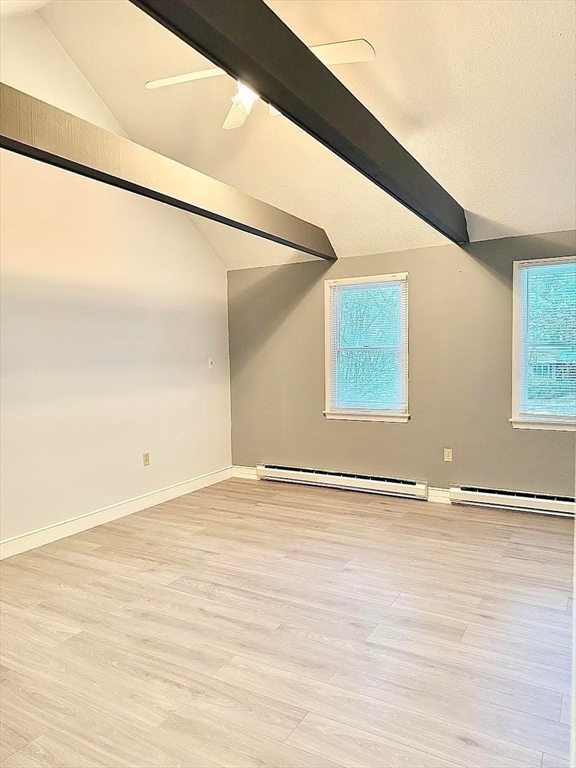 spare room featuring ceiling fan, light wood-type flooring, baseboard heating, and lofted ceiling with beams