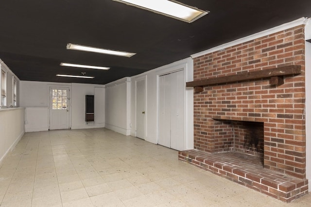 basement with a fireplace