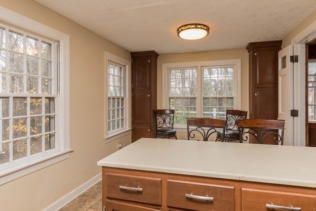 kitchen featuring light tile patterned flooring, plenty of natural light, and a textured ceiling