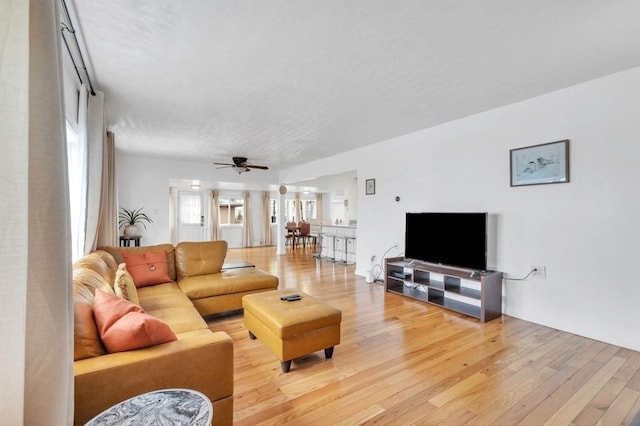 living room featuring hardwood / wood-style flooring and ceiling fan