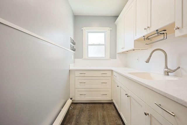 clothes washing area with a sink and dark wood-style flooring